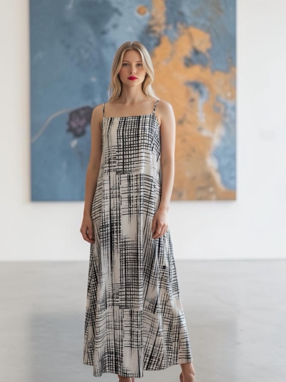 Sleeveless Black & White Grid Maxi Dress